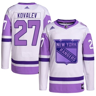 Men's Alex Kovalev New York Rangers Adidas Hockey Fights Cancer Primegreen Jersey - Authentic White/Purple