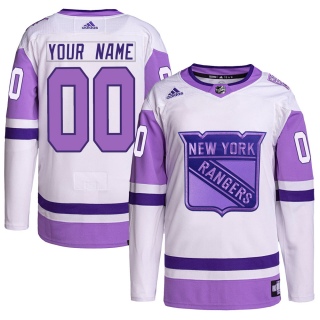 Men's Custom New York Rangers Adidas Custom Hockey Fights Cancer Primegreen Jersey - Authentic White/Purple