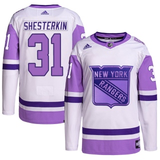Men's Igor Shesterkin New York Rangers Adidas Hockey Fights Cancer Primegreen Jersey - Authentic White/Purple