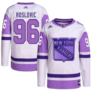 Men's Jack Roslovic New York Rangers Adidas Hockey Fights Cancer Primegreen Jersey - Authentic White/Purple