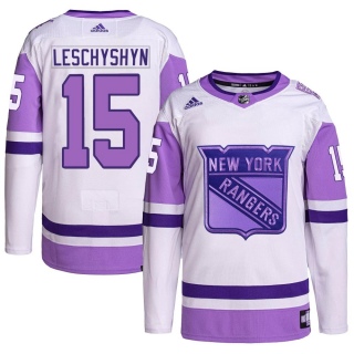 Men's Jake Leschyshyn New York Rangers Adidas Hockey Fights Cancer Primegreen Jersey - Authentic White/Purple