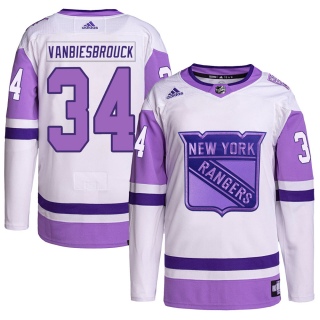Men's John Vanbiesbrouck New York Rangers Adidas Hockey Fights Cancer Primegreen Jersey - Authentic White/Purple
