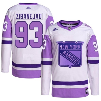 Men's Mika Zibanejad New York Rangers Adidas Hockey Fights Cancer Primegreen Jersey - Authentic White/Purple
