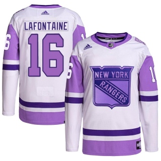 Men's Pat Lafontaine New York Rangers Adidas Hockey Fights Cancer Primegreen Jersey - Authentic White/Purple