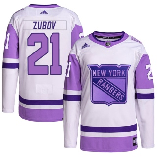 Men's Sergei Zubov New York Rangers Adidas Hockey Fights Cancer Primegreen Jersey - Authentic White/Purple