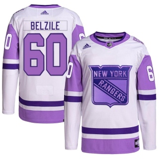 Youth Alex Belzile New York Rangers Adidas Hockey Fights Cancer Primegreen Jersey - Authentic White/Purple