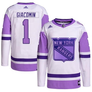 Youth Eddie Giacomin New York Rangers Adidas Hockey Fights Cancer Primegreen Jersey - Authentic White/Purple