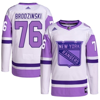 Youth Jonny Brodzinski New York Rangers Adidas Hockey Fights Cancer Primegreen Jersey - Authentic White/Purple