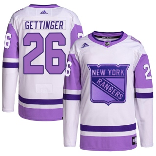 Youth Tim Gettinger New York Rangers Adidas Hockey Fights Cancer Primegreen Jersey - Authentic White/Purple